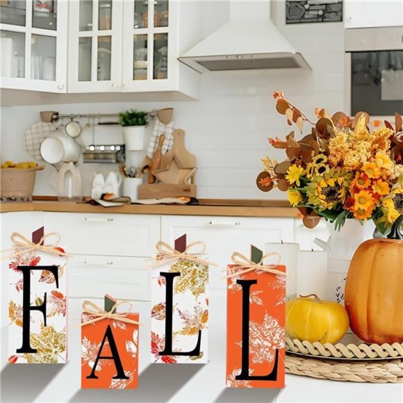 Fall Decor, 4 PCS Autumn Wood‎ Sign Set - Farmhouse Thanksgiving Tabletop Decor - Picture 5 of 7